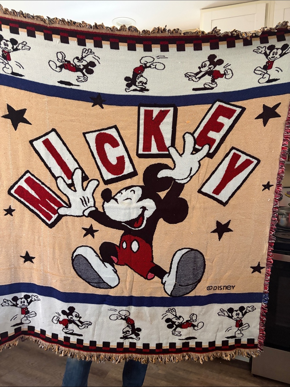Vintage Disney Mickey Mouse Red and Tan Woven Throw Blanket
